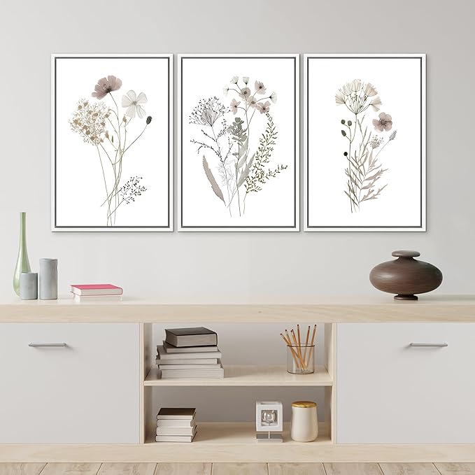 MUDECOR Framed Canvas Print Wall Art Watercolor Wildflower Art Print, Floral Botanical Prints, Minimalist Art, Modern Farmhouse for Bedroom - 24"x36"x3 White