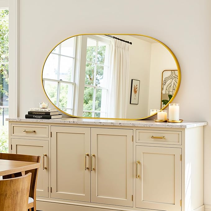 Antok Wall Mirror, 20"x36" Bathroom Vanity Mirror, Anti-Rust HD Tempered Glass, Wall Mounted Mirrors for Living Room, Entryway, Hallway, Gold Frame, Oval