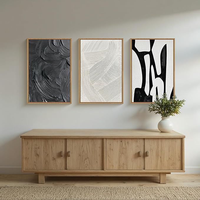 Black and White Abstract Framed Canvas Wall Art Set, Modern Textured Brushstroke Wall Decor,Neutral Minimalist Line Art Print for Living Room,Bedroom,Dining Room, Office-24 x36 x3