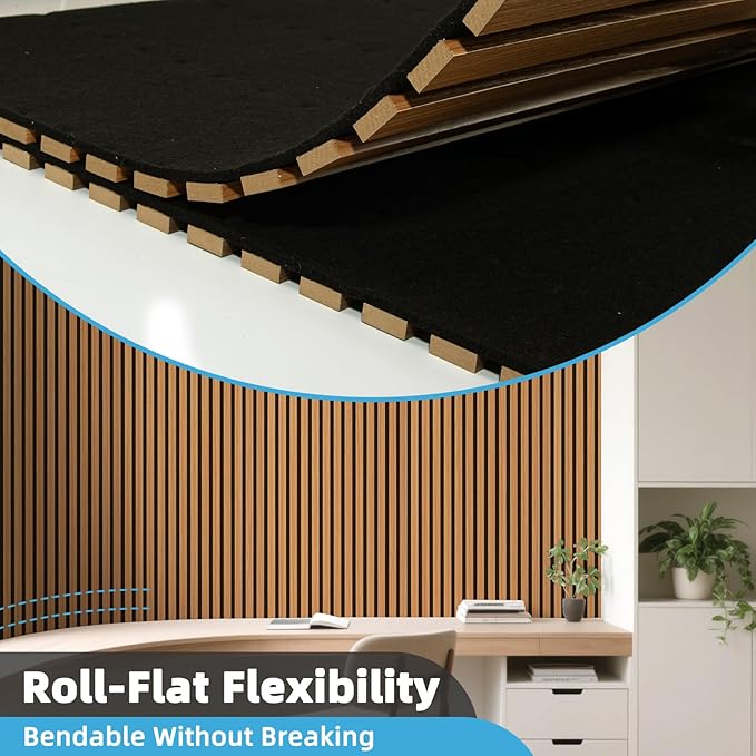 Art3d Acoustic Wood Slat Wall Panel with Roll-Flat Design - 95.3 x 23.8 Inch Sound Absorbing Panels for Living Room Columns Corridor Curved Wall Decor, 1-Pack Teak