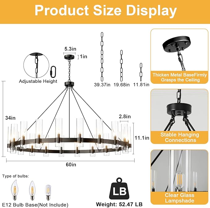 60" Black Wagon Wheel Chandelier, Large 20-Light Farmhouse Round Pendant Light Fixture with Glass Shade, Hanging High Ceilings Chandeliers for Dining Room Kitchen Foyer Entryway Living Room