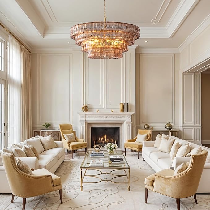 Large Chandelier, 36" Gold Chandelier for Dining Room, 6-Light Round Drum Kitchen Island Hanging Light Fixture Perfect for Living Room, Bedroom,Kitchen, Foyer