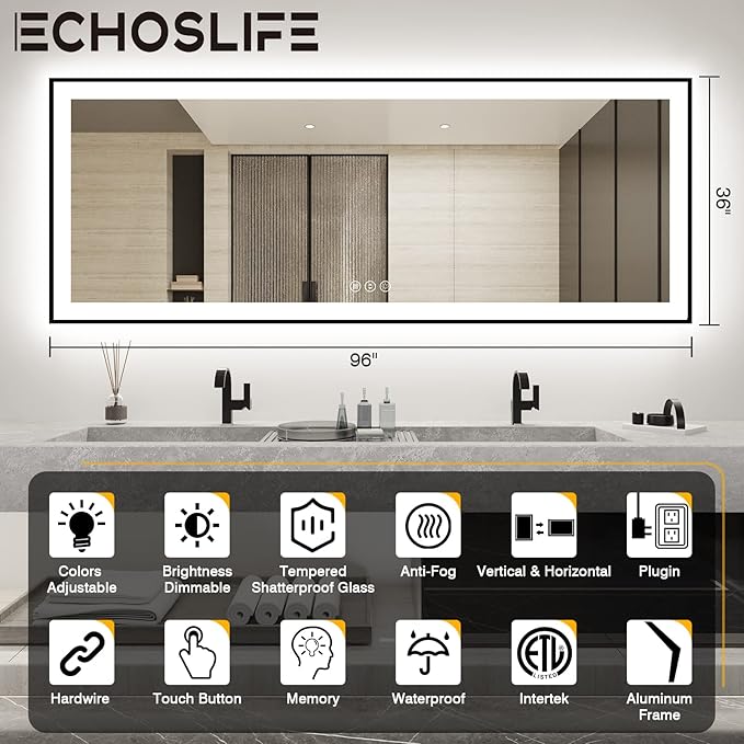 96x36 Large LED Bathroom Mirror with Lights - Black Aluminum(Front and Backlit),Anti-Fog Lighted Mirror for Wall,Stepless Dimmable Lighted Mirror,3 Colors Smart Mirror(Horizontal/Vertical)