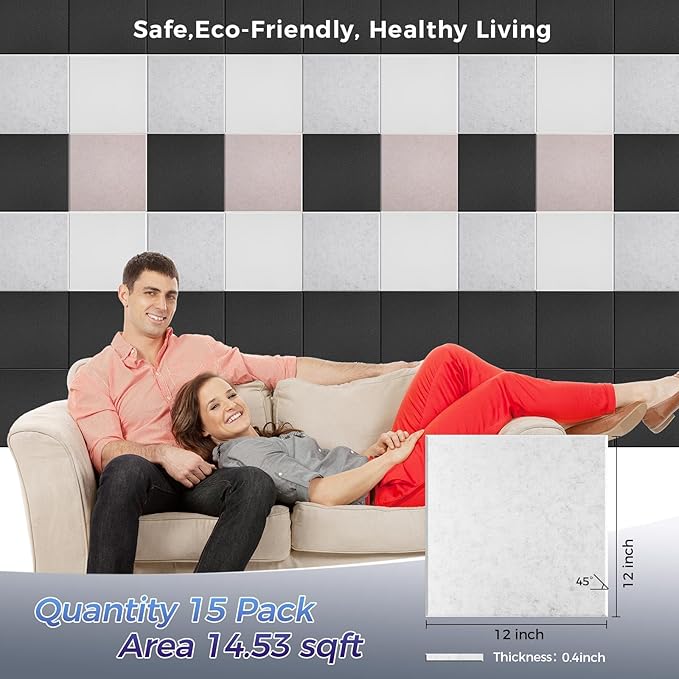 15 pcs 165dtex Microfiber Acoustic Panels ，Self-Adhesive Soundproof Wall Panels, 12 x 12 x 0.4 in Sound Proof Foam Panels for Walls, High Density, Noise Dampening Panels for Home Studio（Gray）