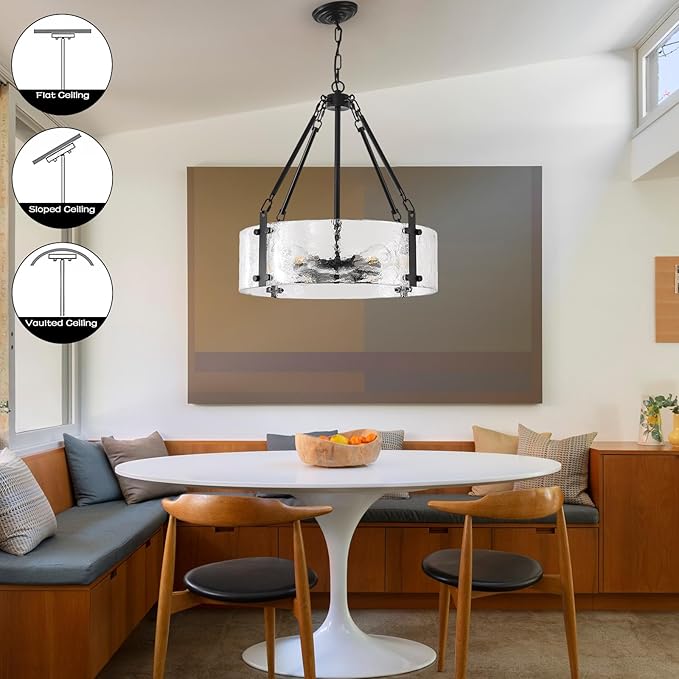 Black Dining Room Chandelier 20” Modern Textured Glass Chandelier 6-Light Drum Crystal Light Fixture Vintage Farmhouse Round Hanging Lighting for Kitchen Island Over Table