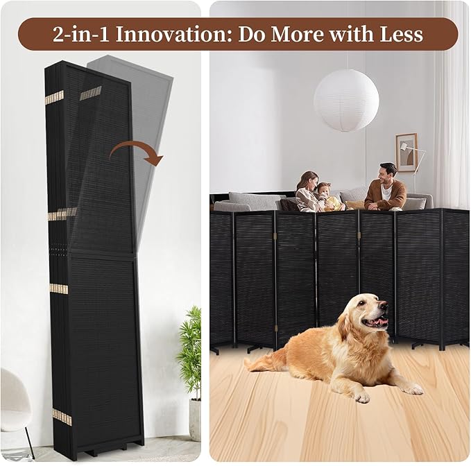 Bamboo Room Divider 8 Panel Wall Divider, 142'' W x 67'' H Folding Design with Extra Stable Base, 100% Bamboo Room Divider Screen for Room Separation, Chinese Room Partitions and Dividers Freestanding