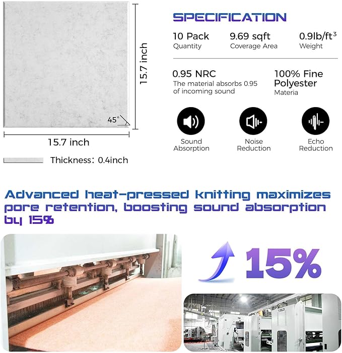 10 Pack Large Self-Adhesive Soundproof Wall Panels, 15.7 x 15.7 x 0.4 in Sound Proof Foam Panels for Walls, Cork Boards Alternative,Acoustic Panels, Sound Dampening Panels Grey