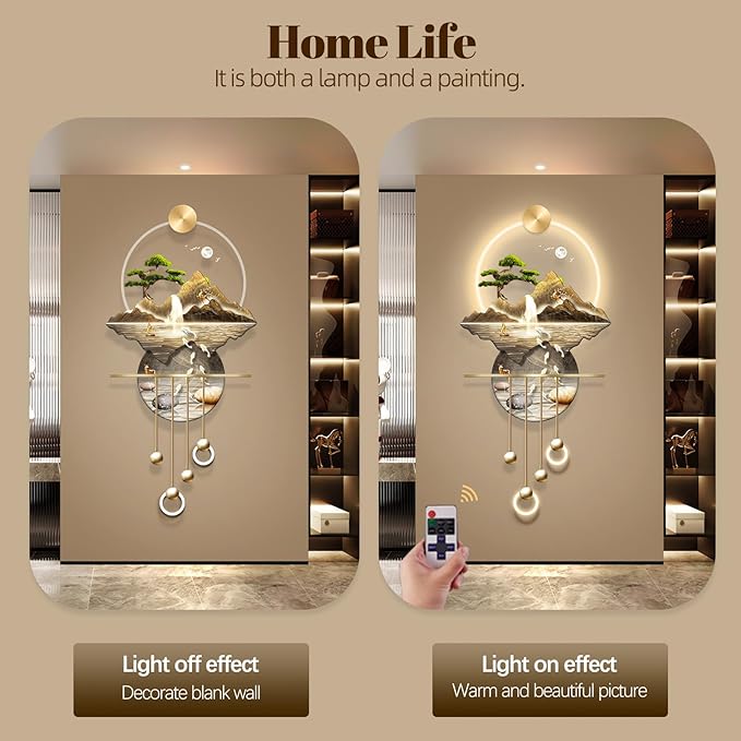 LED Light Art Wall Decor, Decor Wall Sculptures Art 3D for Home, Arts Decorations Walls Sculpture with Light, Plug-in Power Supply, Gold E, 23x53IN