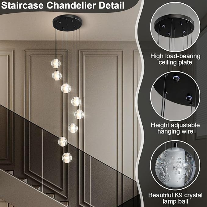 Modern Crystal Chandelier for Staircase 79" Long Black Stairwell Chandelier for Foyer Adjustable High Ceiling Lighting Fixture for Living Room Hallway Entryway Staircase