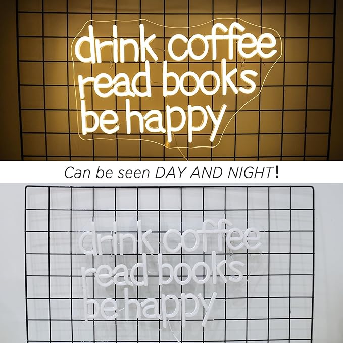 Looklight Drink Coffee Read Books Be Happy Neon Sign Warm White Read Books Led Neon Light for Wall Decor Dimmable USB Neon Light Up Signs for Classroom Coffee Shop Bookstore Library Museum Study Room