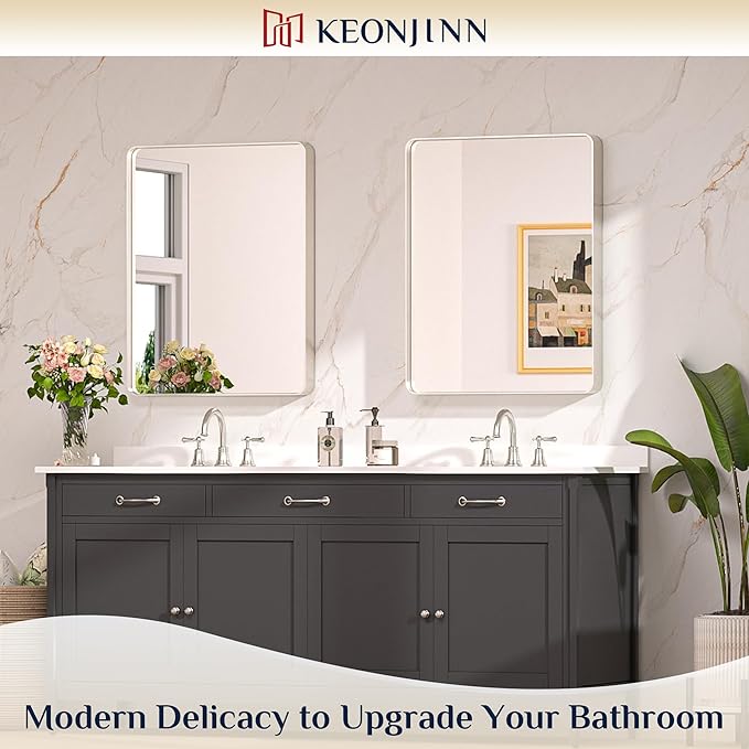 Keonjinn 28 x 36 Inch Brushed Nickel Bathroom Mirrors for Over Sink, Rounded Rectangle Silver Bathroom Vanity Mirror, Farmhouse Mirror for Wall, HD Tempered Glass, Anti-Rust Aluminum Alloy Mirror