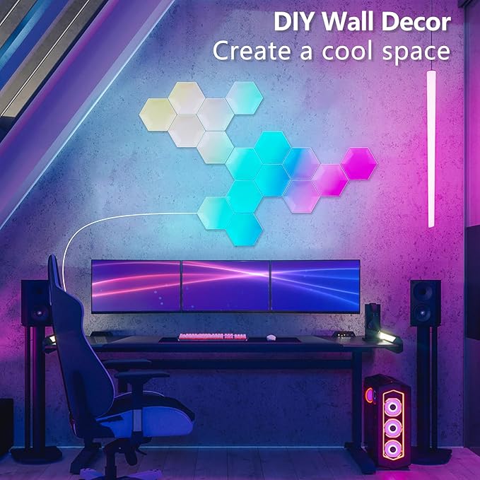 Led Wall Panel Gaming Lighit 10 PCS, Hexagon Led Light RGB with IC, Home Decor Smart Hexa Light with Music, Work with Alexa and Google Assistant for Gaming Room, Bedroom, Christmas Deco