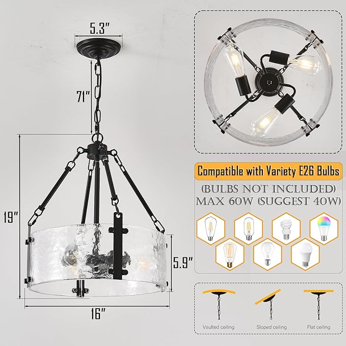 Black Dining Room Chandelier 16'' Modern Textured Glass Chandelier 3-Light Drum Crystal Light Fixture Vintage Farmhouse Round Hanging Lighting for Kitchen Island Over Table