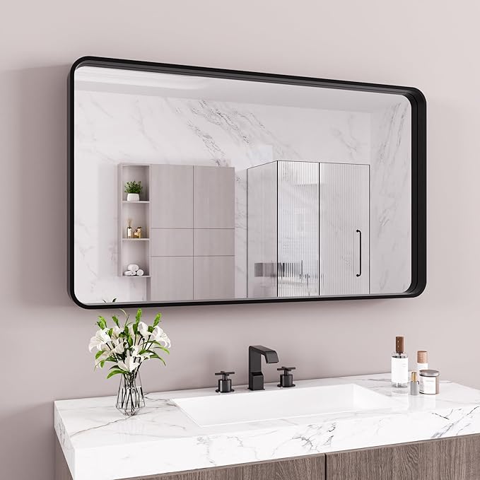 Black Bathroom Mirror 72X40 Inch, Black Metal Framed Mirror for Wall, Rounded Rectangle Matte Bathroom Vanity Mirror with Tempered Glass, Anti-Rust, Horizontal/Vertical