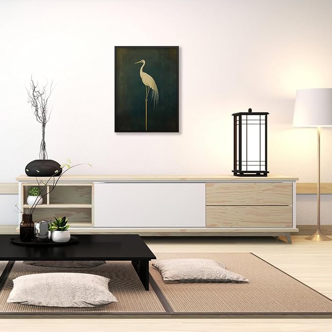 Black Framed Canvas Wall Art Posters Vintage Bird Prints Japanese Crane Retro Asian Bird Picture Abstract Maximalist Green Decor 24X32 inch for Bedroom Living Room Office Gallery