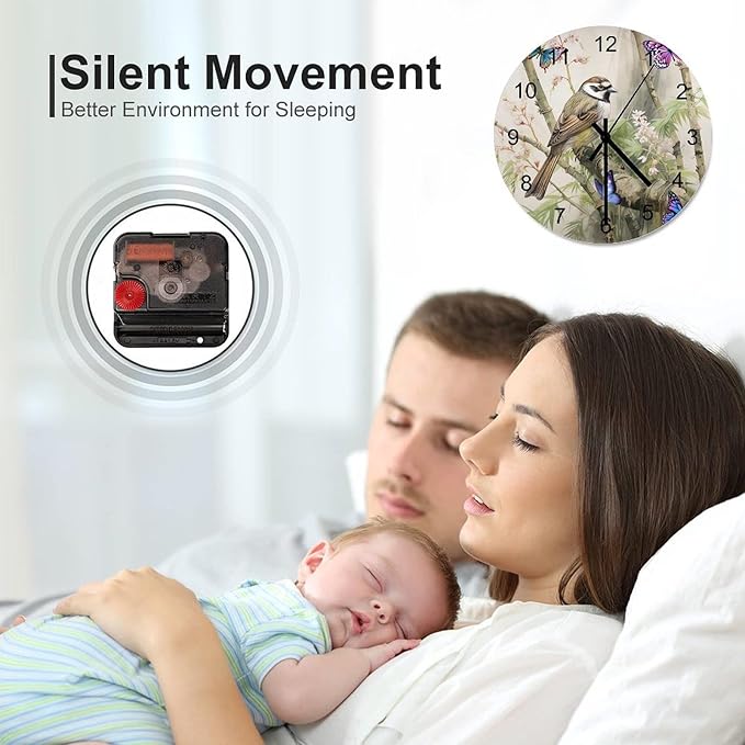 Bird Flower Hummingbird Decorated Round Wall Clock, Retro Watercolor Bamboo Forest Ink-Wash Painting Style Spring Garden Tropical Flower Wooden Silent Wall Clock 12x12INCH