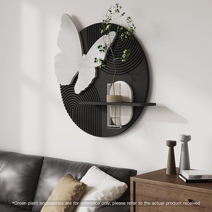 3D Textured Black and White Wall Art for Living Room, Modern White Butterfly with Vase Artwork for Walls, Minimalist Sandstone Wall Decor for Bedroom, Hallway, Dining Room, or Office, 25.6x24 Inch