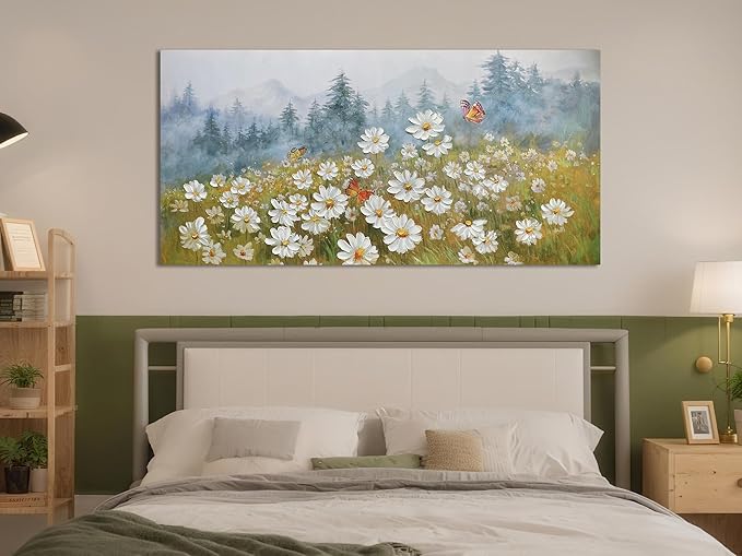 Arjun Flower Wall Art Daisy Painting Textured Paintings, Canvas Art Wall Decor, Extra Large Wall Art for Bedroom, Daisy Art Large Paintings for Living Room Home Office Dining Room 58"x29"