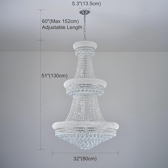 31 Lights Chrome Finish Large Empire Crystal Chandelier - Three-Tier, High Ceiling Chandelier Light fixtures for Foyer Staircase Living Room Entryway (Dia 32'')