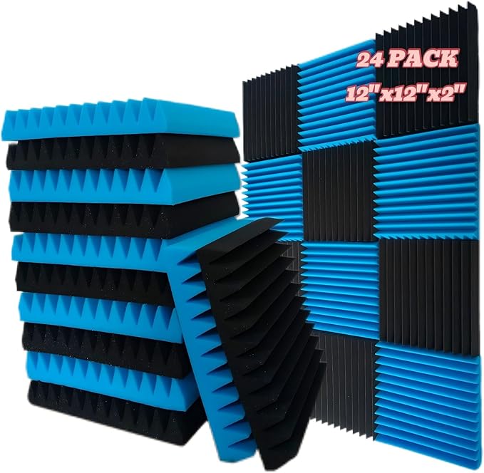 24 Pack, 12 x 12 x 2 inches, Acoustic panels, wall panels, sound panels, Used for soundproofing, Soundproof foam panels for walls(12 black+12 blue)