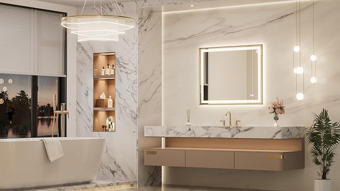 Keonjinn 40 x 32 Inch LED Mirror with Frontlit & Backlit, Gold Bathroom LED Mirror, HD Tempered Glass, UL Listed LED Driver, Aluminium Alloy Beveled Frame, 3000K/4500K/6000K, Safe Defogging, Dimmable