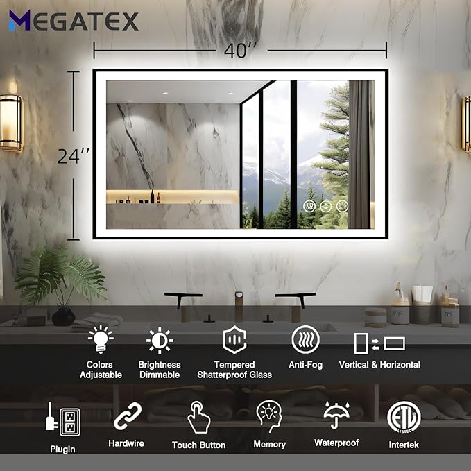 40x24 LED Bathroom Mirror for Wall, Black (Metal, Aluminum) Framed, Front Light and Backlit, 3 Colors and Dimmable Vanity Mirror, Anti-Fog, Shatter-Proof, Memory (Horizontal/Vertical)