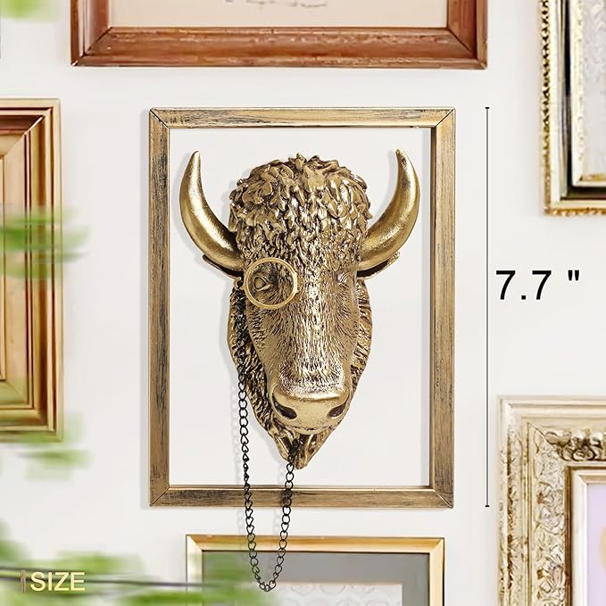 Newinhome Animal Heads Wall Decoration (Gift Metal Frame) Resin Animals Sculptures Head Wall Hanging Decor Gold vintage Wall Sculpture for Living Room Bedroom Office(Bull)