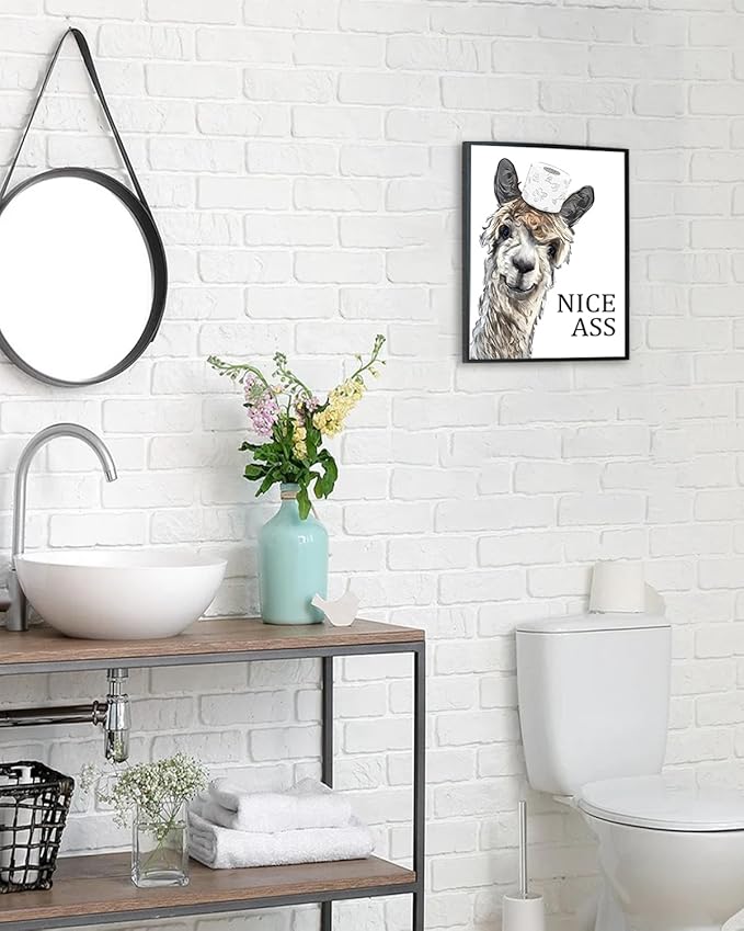 KBKBART Framed Funny Bathroom Decor Wall Art, 12x16Inch Farmhouse Wall Decor Sign, Humor Sheep Canvas Bathroom Picture Wall Decor, Cute Animal Art Prints Ready to Hang