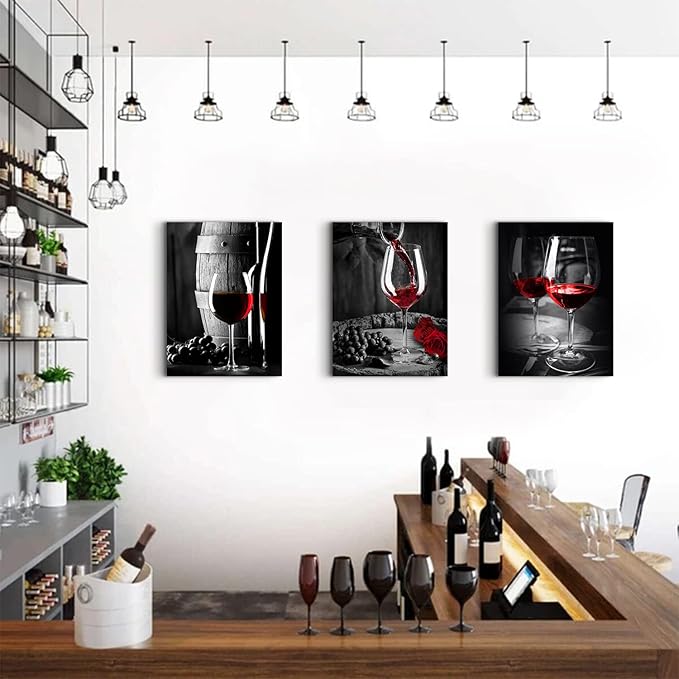 Kitchen Wall Art for Dining Room Red Wine Decor Glass Cup Barrel Bar Canvas Picture Painting Black and White Vintage Artwork Fruit Goblet Poster Decorations Family Restaurant Bedroom 16x24 Inch 3pcs