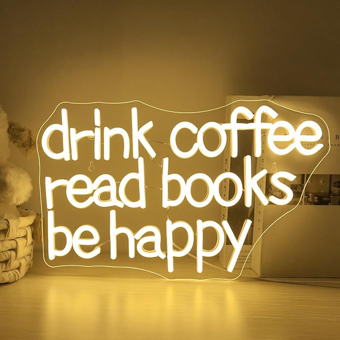 Looklight Drink Coffee Read Books Be Happy Neon Sign Warm White Read Books Led Neon Light for Wall Decor Dimmable USB Neon Light Up Signs for Classroom Coffee Shop Bookstore Library Museum Study Room