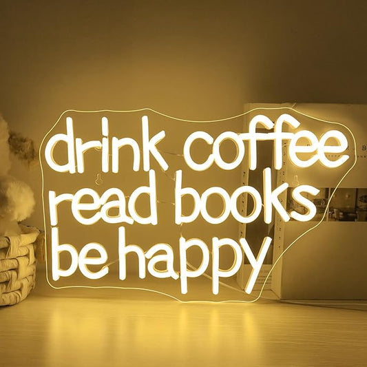 Looklight Drink Coffee Read Books Be Happy Neon Sign Warm White Read Books Led Neon Light for Wall Decor Dimmable USB Neon Light Up Signs for Classroom Coffee Shop Bookstore Library Museum Study Room