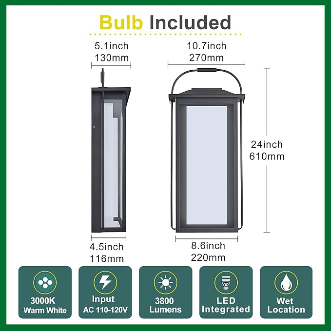 24" Ht Modern Oversized Outdoor Super Bright Wall Sconce with Built-in 2x20W LED Covered by Milky White Acrylic and Clear Glass, Suitable for Big House, Extra High Walls and Gates.