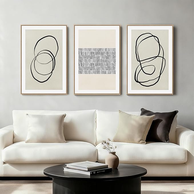 Abstract Boho Wall Art Set - Modern Boho Geometric Framed Canvas Prints, Neutral Mid-Century Graffiti Inspired Decorative Wall Decor for Living Room, Bedroom, Office - 24"x36"x3