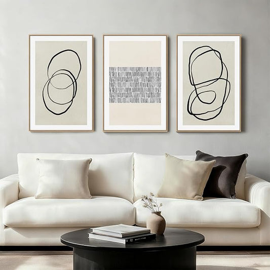 Abstract Boho Wall Art Set - Modern Boho Geometric Framed Canvas Prints, Neutral Mid-Century Graffiti Inspired Decorative Wall Decor for Living Room, Bedroom, Office - 24"x36"x3