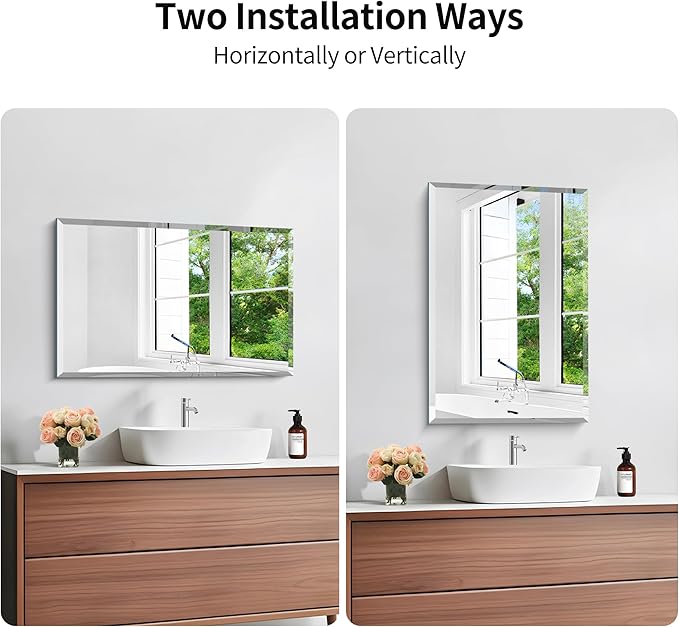 KOCUUY Frameless Bathroom Mirror, 16x24 Inch Beveled Mirror for Over Sink, Upgraded Shatterproof Unframed Design with Beveled Edge Mirror for Bathroom, Bedroom, Entryway, Hang Horizontal/Vertical