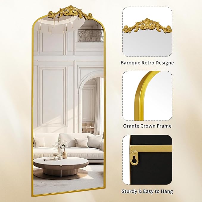AIXI HOME Antique Gold Arched Full Length Mirror, 71"x30" Floor Vintage Mirror with Ornate Frame, Baroque Inspired Home Decor for Livingroom Bedroom Entryway