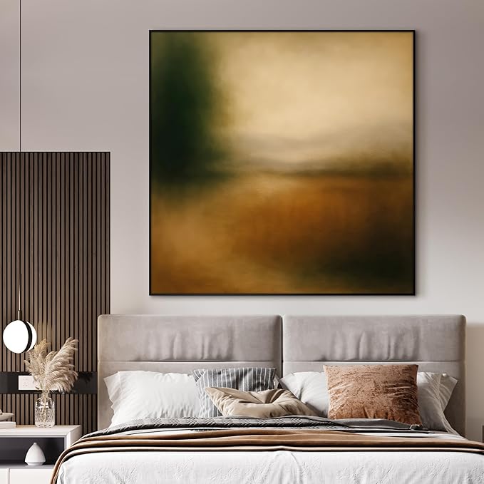 60"x60" XL Framed Wall Art - Abstract Blurred Landscape Warm Earth Tone Minimalist Painting Minimalist Foggy Forest Tranquil (Frame Assembly Required)