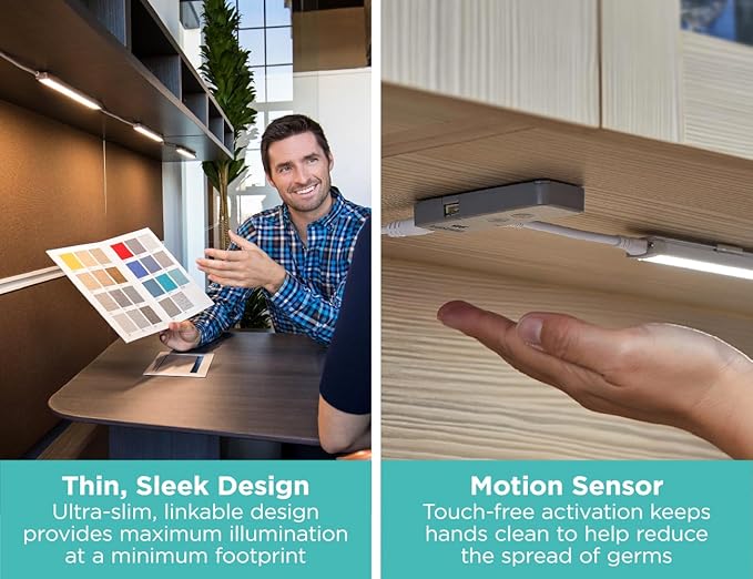 BLACK+DECKER LED Under Cabinet Lighting Kit, Motion Sensor, Dimmable, Linkable, 3 Color Settings, Tool-Free, for Kitchen, Pantry, Cabinets, Closets, Office (6) 9" Bars