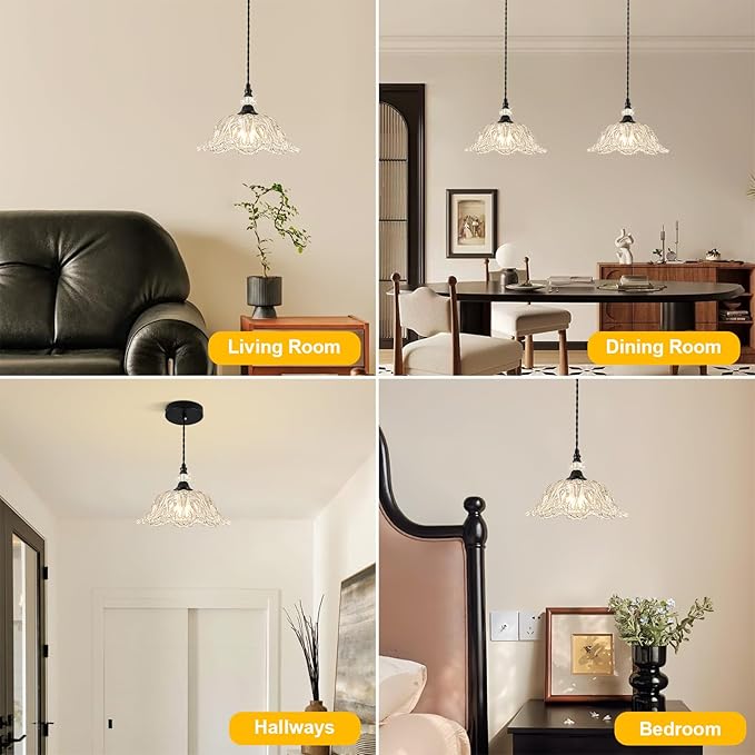 1 Piece Black Chandelier Light Fixtures with Glass Shade, Black Farmhouse Pendant Light,Hanging Light for Kitchen Island Room,Hallway,Living Room,Bedroom