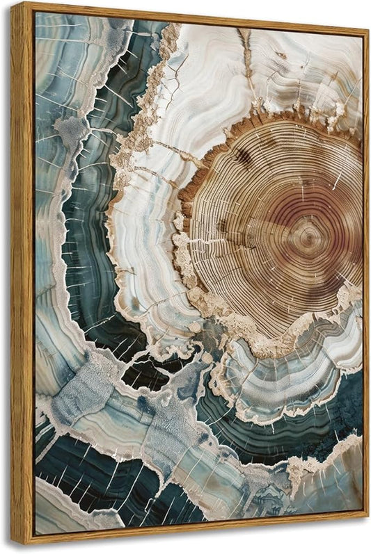 BingruiArt Framed Tree Ring Canvas Wall Art Abstract Wood Wall Decor Boho Modern Colorful Nature Painting Wood Stump Prints Pictures for Living Room Bedroom Bathroom Office 12"x16" Natural Framed(06)