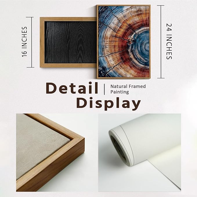 BingruiArt Framed Tree Ring Wall Art Wood Canvas Colorful Boho Wall Decor Rustic Artwork Abstract Painting Farmhouse Picture Nature Print for Living Room Bedroom Bathroom 16"x24" Natural Framed(01)