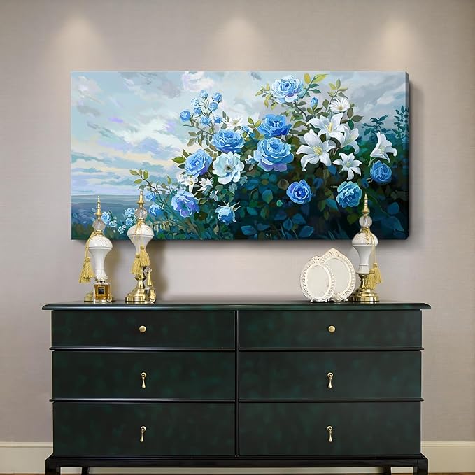 Nicetop Large Floral Canvas Wall Art - Modern Botanical Artwork Abstract Blue Rose White Lily Flower Bouquet Art Prints on Wrapped Canvas Nature Picture for Living Room Bedroom Home Decor 48x24 Inch