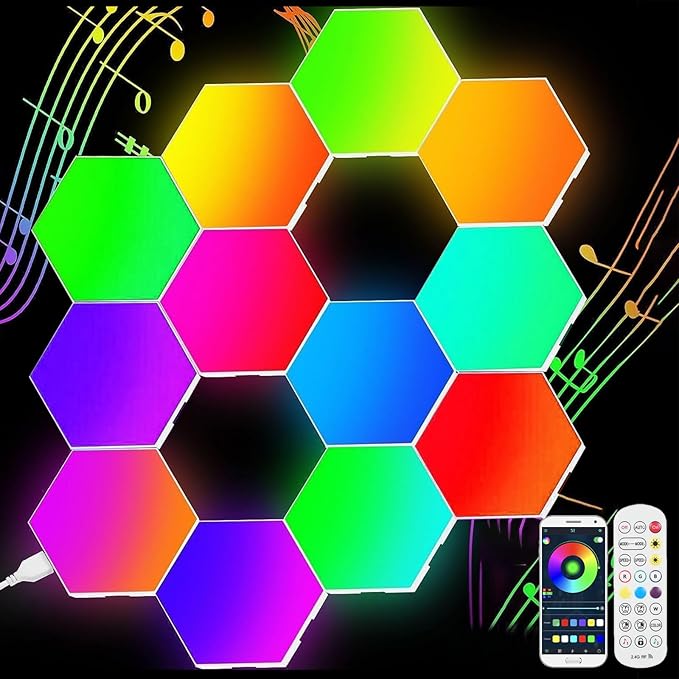 Neoglint 12 Pack Hexagon Lights - RGB Led Hex Lights for Wall with Smart APP Remote Control & Music Sync, Led Wall Decor for Gaming Room, Bedroom, Living Room