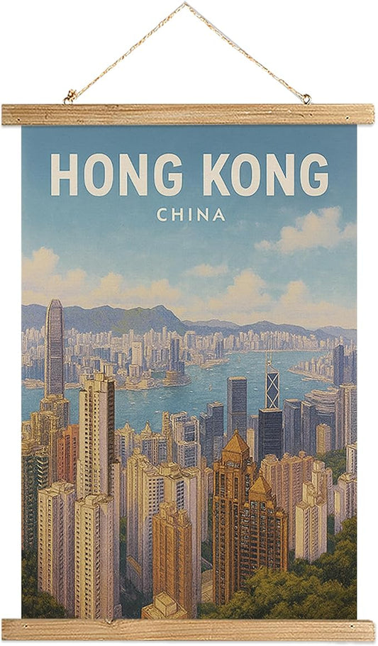 WREVERW Vintage Hong Kong China Wall Art Poster, Victoria Harbour Skyline Canvas Hanging Scroll with Wooden Frame, Travel Decor for Living Room Bedroom Office, 16x23 Inch