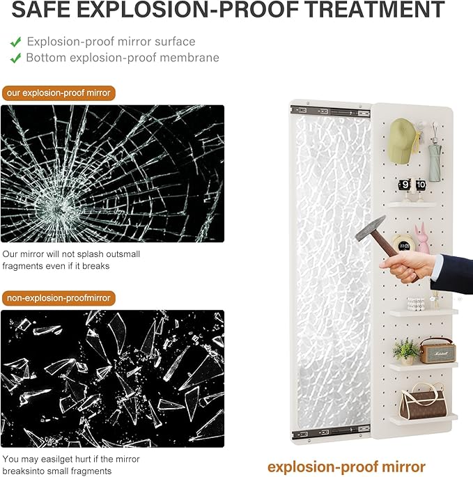 KungFuWood Full Length Mirror with Shelf and Hooks,Entry Way Mirrors for Wall,Wall Mirror with Shelf,Wall Mirror with Storage Multifunctional Design Panel,Living Room