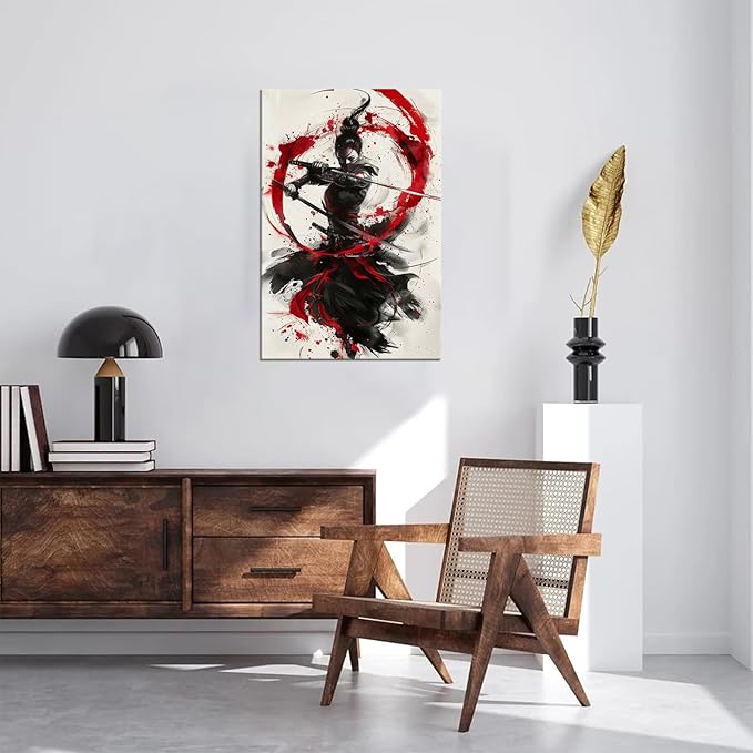 Japanese Female Samurai Wall Art Woman Fight Painting Canvas Prints Red Warrior Pictures Bushido Poster for Bedroom Classroom Dorm Living Room Aesthetic Decor Framed (28''W x 44''H)