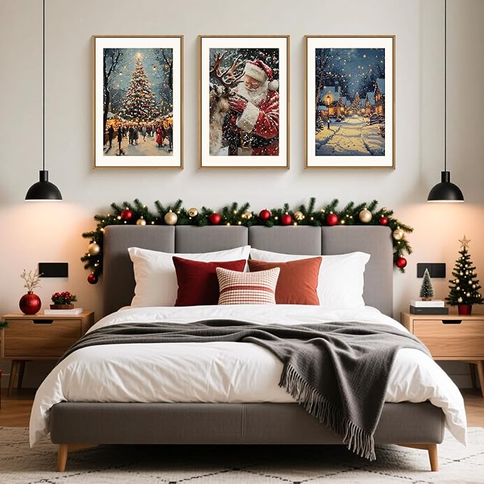 Large Enchanting Christmas Framed Canvas Wall Art Set,Santa Claus Reindeer Wall Decor,Magical Glowing Christmas Tree Artwork,Winter Snowy Village Art Print for Living Room,Bedroom- 24"x36"x3