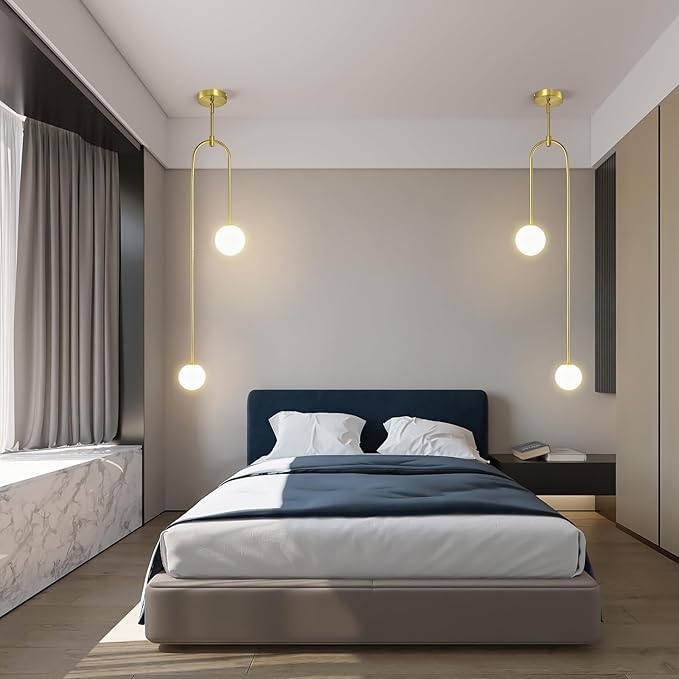 Modern Milk Glass Pendant Light 2 Light Mid Century Chandelier Small Glass Globe Gold Pendant Lights for Kitchen Island Bedroom Dining (Metal Tube Removable, 1 Pack)