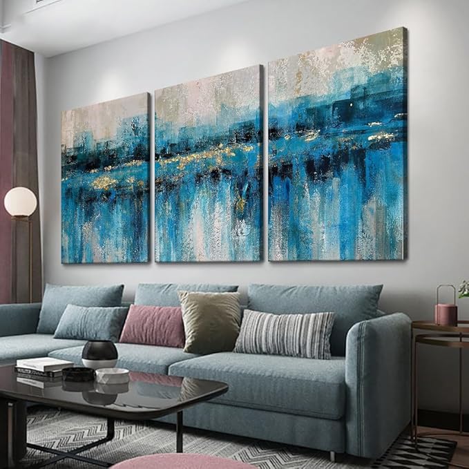 MAMAGO Large Abstract Gold Foil Lake View Canvas Print Poster Modern City painting Living Room Bedroom Artwork Framed Easy to Hang-24”W x 36”Hx3pcs