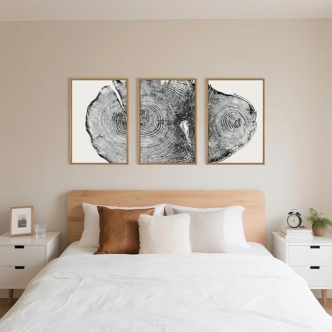 Large Vintage Tree Ring Framed Canvas Wall Art,Abstract Wood Stump Wall Decor,Neutral Annual Ring Artwork,Modern Black and White Art Print for Living Room,Bedroom,Office- 16"x24"x3